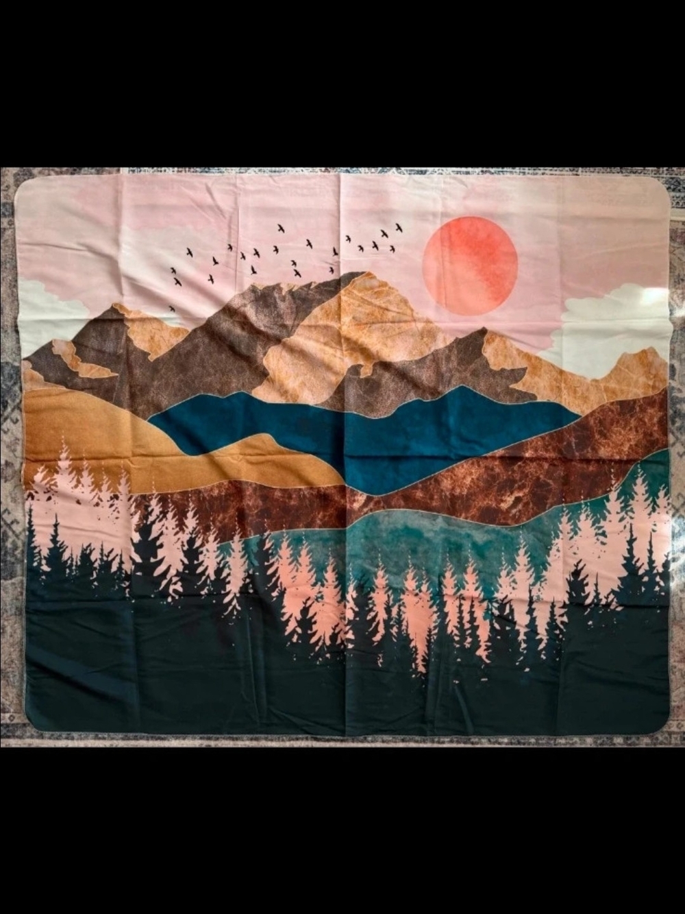 Sunset Mountain Forest Wall Tapestry - Pink Teal Brown 4' X 5'